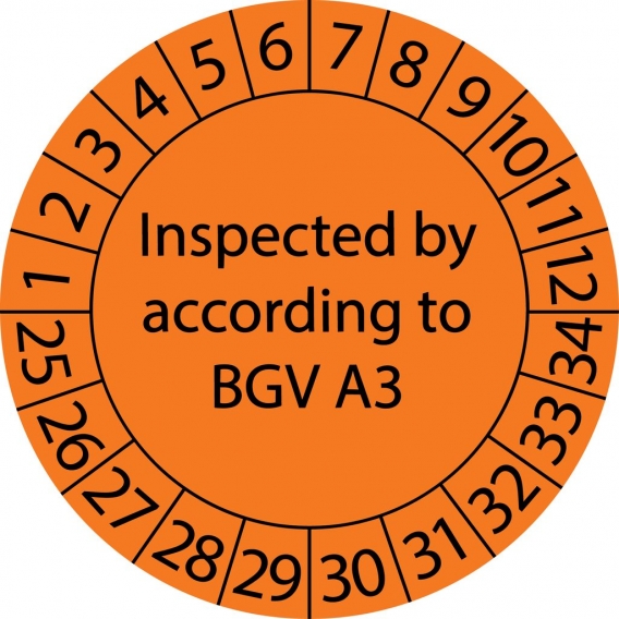 10 Stück "Prüfetiketten" 15 mm -selbstklebende "Inspected according to BGV A3, Startjahr: 2025" ES-PRIBGV-10-2025-15-149-PA