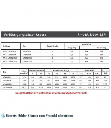 Verflüssigungssatz Aspera UNT2168GK, LBP - R404A, R507, 220-240V