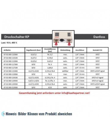 Druckschalter Danfoss Niederdruck, KP1, man. Reset, Eingang 1/4"SAE