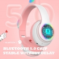 Stereokopfhörer Bluetooth Katzenohr Kopfhörer mit LED Licht RGB Kabelloses Cat Ear Gaming Headset für Kinder Mädchen (Rosa)