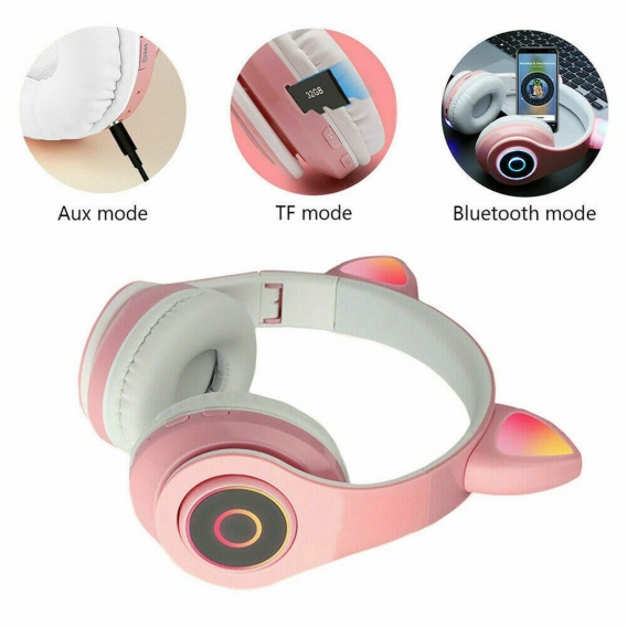 Rosa Faltbare Kopfhörer Katze Ohr Kinder Bluetooth Headset mit LED Licht Headphone
