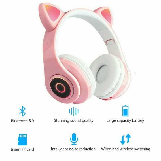 Rosa Faltbare Kopfhörer Katze Ohr Kinder Bluetooth Headset mit LED Licht Headphone