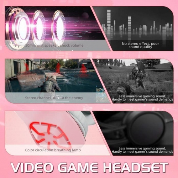 Gaming-Headset, Damen-Rosa-Stereo-Headset, RGB-LED-Cat-Ear-Kopfhörer mit Mikrofon mit Geräuschunterdrückung