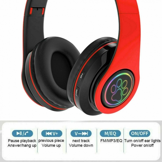 Bluetooth Wireless Kopfhörer Gaming Headsets Stereo Sound, Weiche Ohrpolster, Katze Ohr Headset für Reise/Arbeit Farbe rot