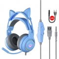 Gaming Headset Kopf montiert RGB kabelgebundenes Headset mit enc Mikrofon, Abnehmbare Katzenohren Mädchengeschenk, Blau