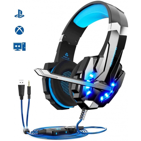 Gaming Headset mit Mikrofon, Stereo Bass Surround, LED Licht, Blau