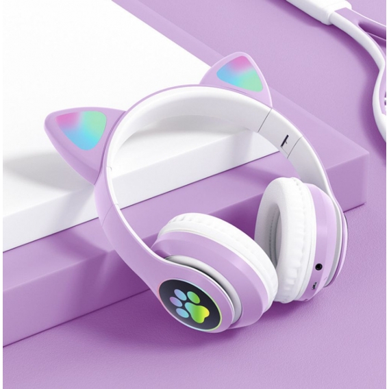 Kinder Katzenohr Kopfhörer Faltbare Erwachsene Kinder Kopfhoerer Bluetooth 5.0 RGB Kopfhörer LED Stereo Musik Kopfhoerer Lila