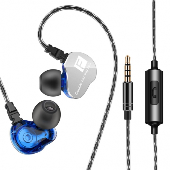 FONGE F4 3,5 MM kabelgebundener Kopfhoerer Doppel-Moving-Coil-In-Ear-Headset Heavy Bass Stereo-Musik-Kopfhoerer Inline-Steuerung