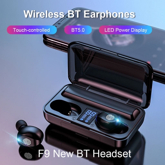 F9 TWS Earbuds Beruehrungsgesteuerter kabelloser Stereo-Kopfhoerer mit Sport-Headset BT5.0 und LED-Power-Anzeige fuer die Mikrof