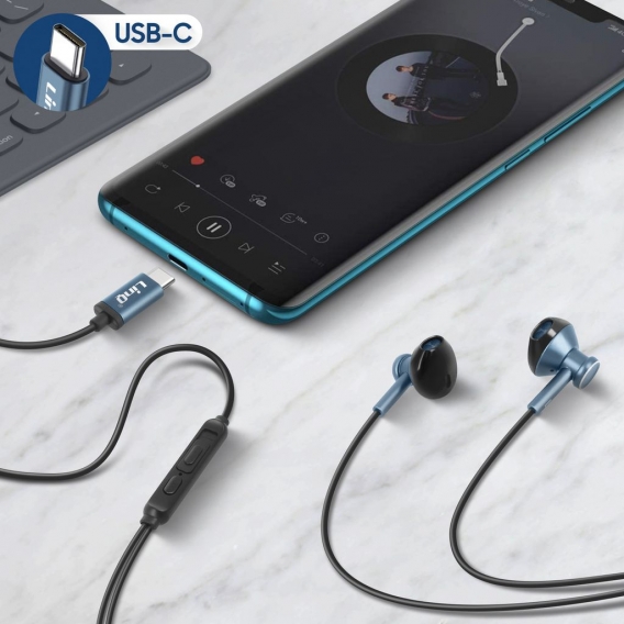 LinQ USB-C kabelgebundene Kopfhörer, Hohe Qualität, Steuertasten – Dunkelblau