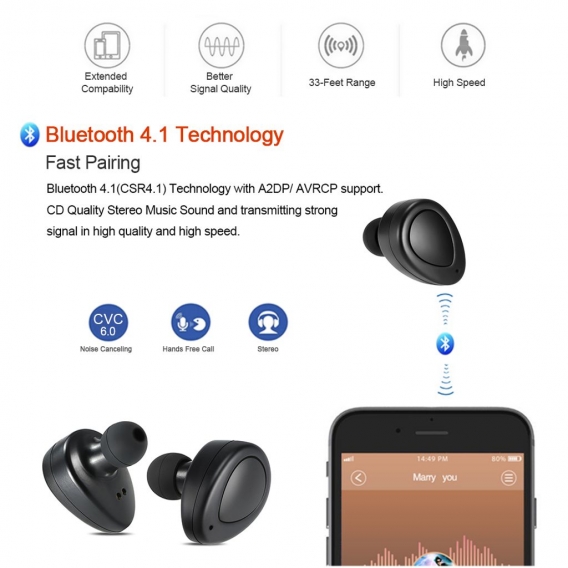K2 True Wireless Bluetooth Kopfhörer In-Ear Stereo Bluetooth 4.1 Sport Headset Musik Hands-frei mit Mic 450 mAh Notfall-Power-Ba