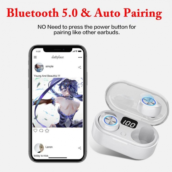 Bluetooth-Kopfhörer Echte drahtlose Ohrhörer LED-Power-Display-Kopfhörer mit kabellosem Ladekoffer In-Ear-Ohrhörer(Weiß)