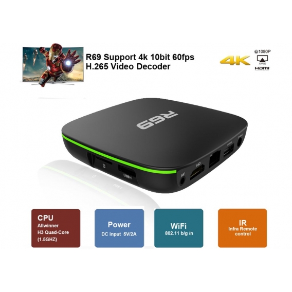 2021 R69 TV-Box Android 7.1 Allwinner H3 Quad-Core 2G 16G 2,4 GHz WiFi 1080P HD Home Smart Media Player Set-Top-Box