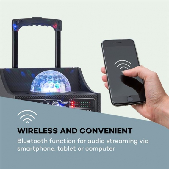 auna Pro DisGo Box 100 Mobile PA-Anlage , 10" Tieftöner , 2 x 3" Hochtöner , 50 W RMS , LED-Lichter , Bluetooth , USB , SD-Slot 