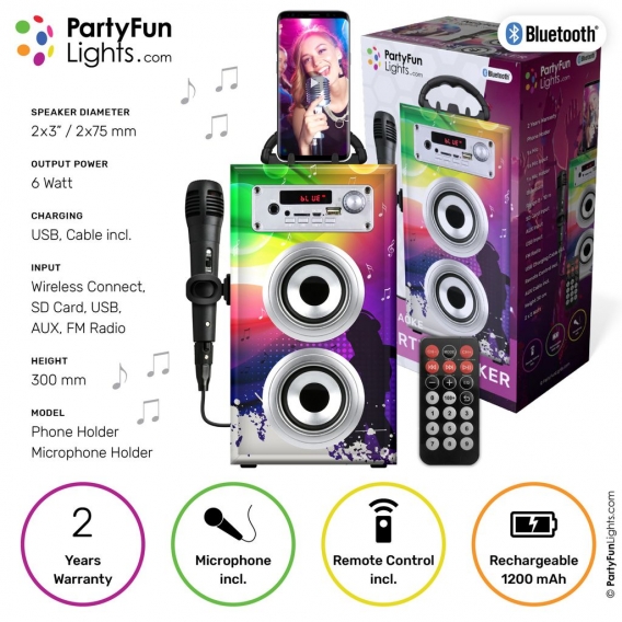 PartyFunLights Bluetooth Karaoke-Party-Lautsprecher - Mikrofon - Fernbedienung