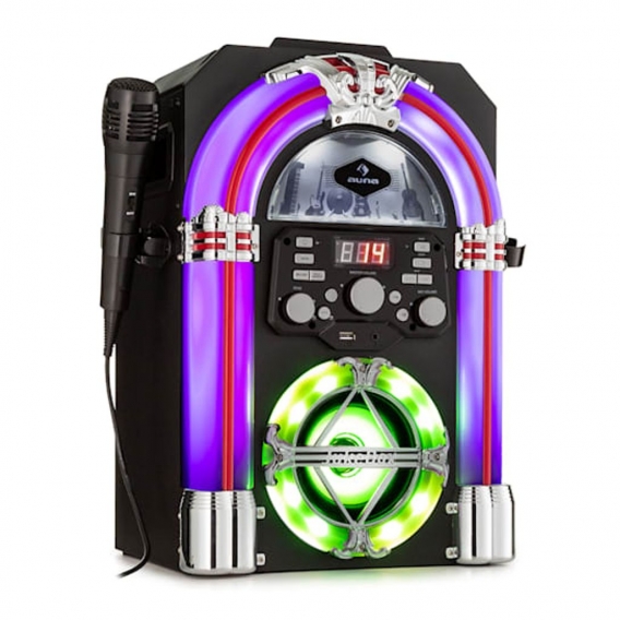auna Arizona Sing Jukebox Mini - Musikbox Retro mit CD-Spieler, Jukebox Retro mit Bluetooth, LED-Beleuchtung, Radio, USB-Port, M