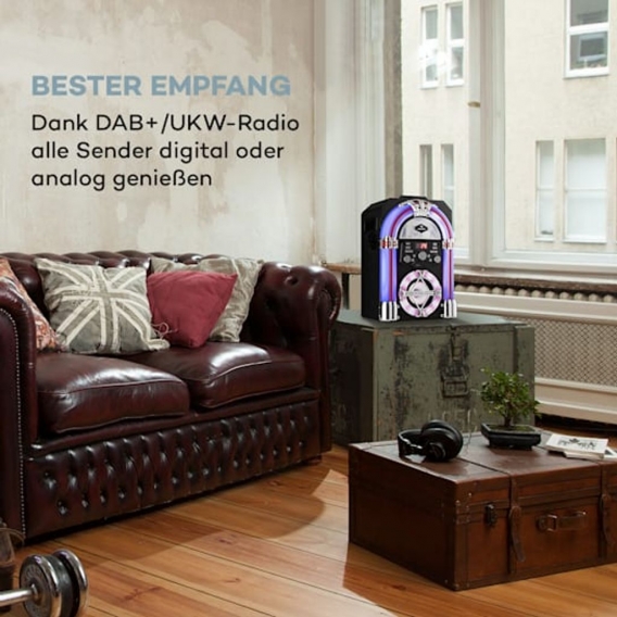 auna Arizona Sing Jukebox Mini - Musikbox Retro mit CD-Spieler, Jukebox Retro mit Bluetooth, LED-Beleuchtung, Radio, USB-Port, M