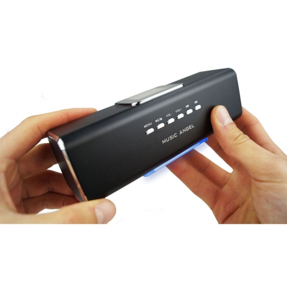 Music Angel 6in1 Mini Stereo Lautsprecher 2x3W Speaker in schwarz mit Display, Radio, Wecker, Datum, Uhr, USB, Micro SD, LINE-IN