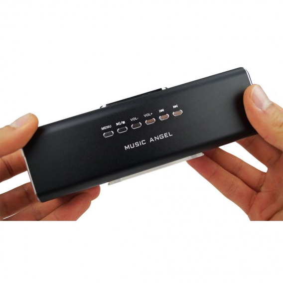 Music Angel 6in1 Mini Stereo Lautsprecher 2x3W Speaker in schwarz mit Display, Radio, Wecker, Datum, Uhr, USB, Micro SD, LINE-IN