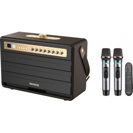 More about Aiwa MI-X450 Pro ENIGMA Lautsprecher 120 Watt (Gitarreneingang, Fernbedienung, 2x kabellose Mikrofone) Braun-Gold